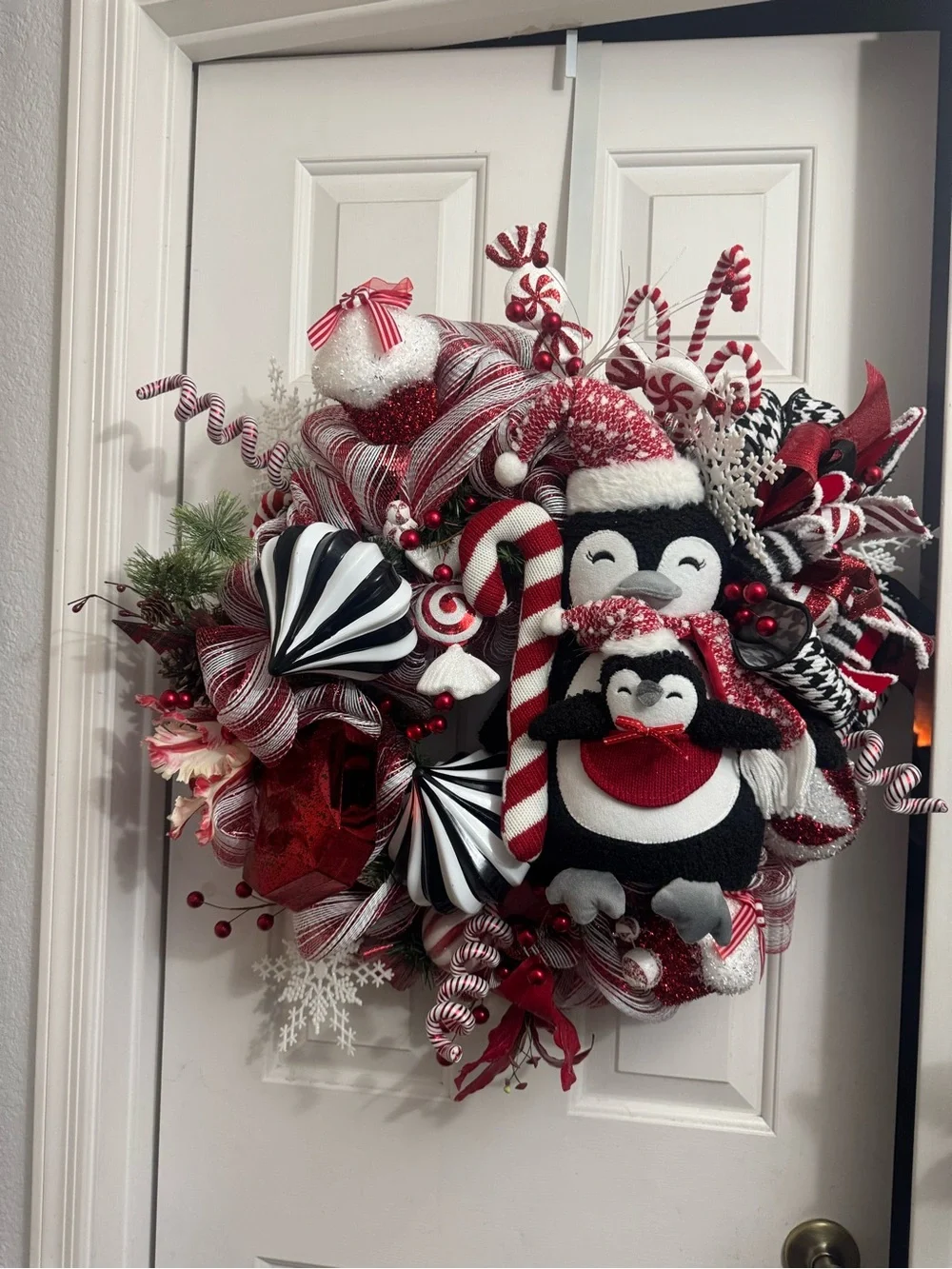 Festive Penguin Holiday Wreath in Red, White & Black